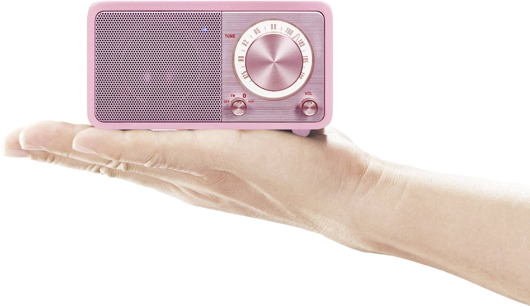 Eine Hand hält ein kleines, rosa, retro-stylisches Radio mit Drehknöpfen für Lautstärke und Sendereinstellung.