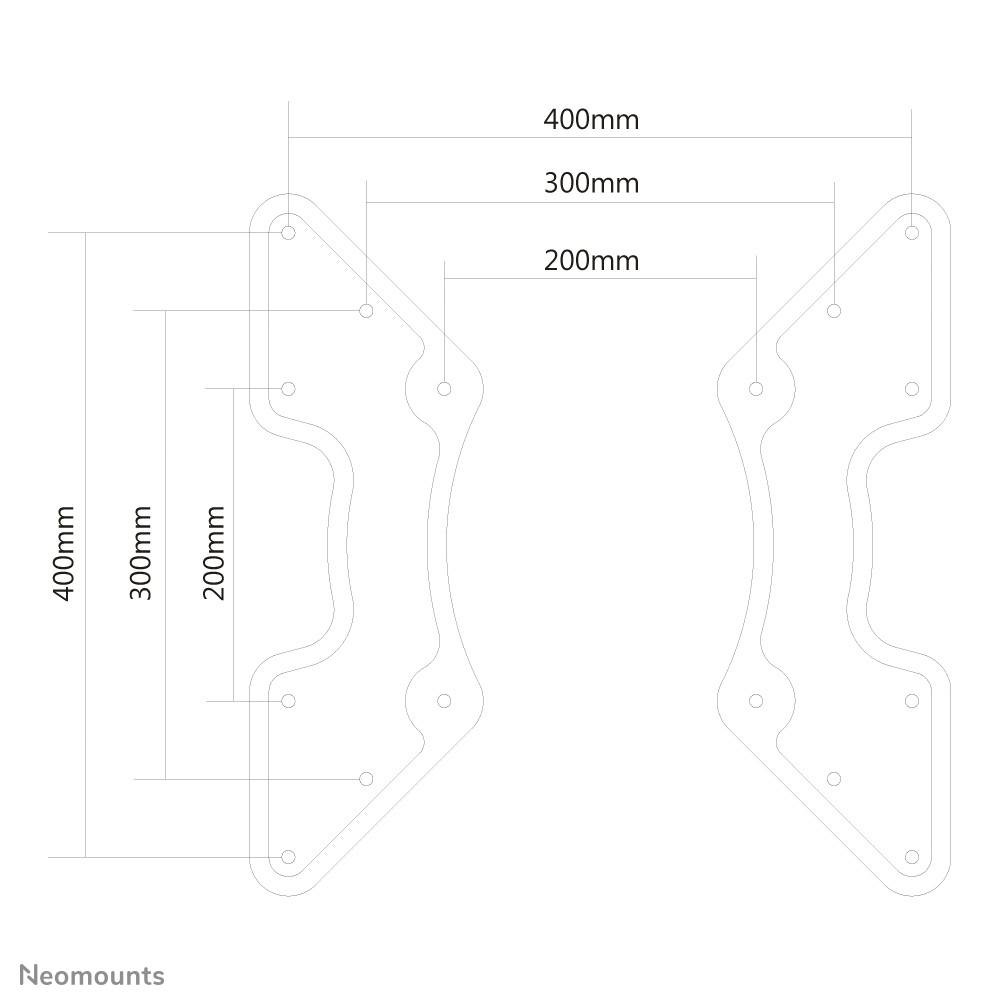 'Abmessungen einer Halterung in Millimetern: 400 mm, 300 mm, 200 mm. Diagramm zeigt zwei spiegelbildliche Formen nebeneinander.'