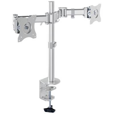 Monitorhalterung aus Metall mit zwei verstellbaren Armen und Tischklemme zur Befestigung. Geeignet für zwei Monitore.