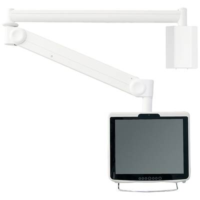 Ein weißer, verstellbarer Monitorarm mit montiertem Bildschirm, an der Wand befestigt. Der Bildschirm ist ausgeschaltet.