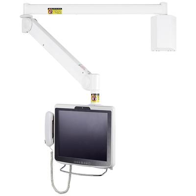 'Wandmontierter Computerarm mit Bildschirm und Telefonhalterung. Der Arm ist höhenverstellbar und für medizinische Einrichtungen geeignet.'