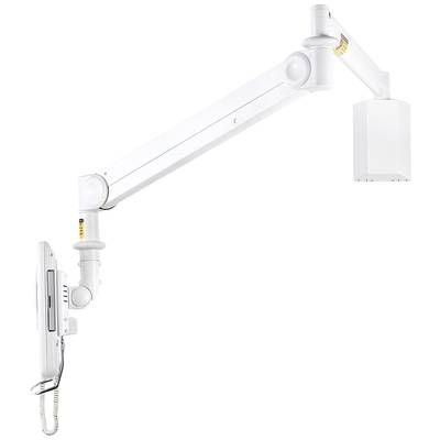 Ein weißer, verstellbarer Wandarm für medizinische Geräte mit montiertem Panel und Kabel, zur flexiblen Positionierung in Kliniken.