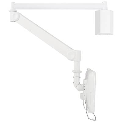 Ein weißer, verstellbarer Halterungsarm für Bildschirme oder Monitore, montiert an einer Wandhalterung, mit Kabeln aufgerollt.