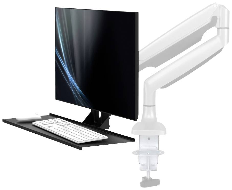 Höhenverstellbarer Monitorarm mit Monitor und Tastaturablage; bietet Flexibilität und Ergonomie am Arbeitsplatz.