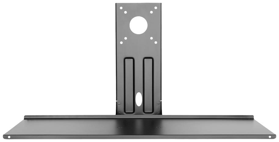 Schwarze TV-Wandhalterung mit rechteckiger Ablagefläche und mehreren Montageschlitzen, geeignet für flache Fernseher.