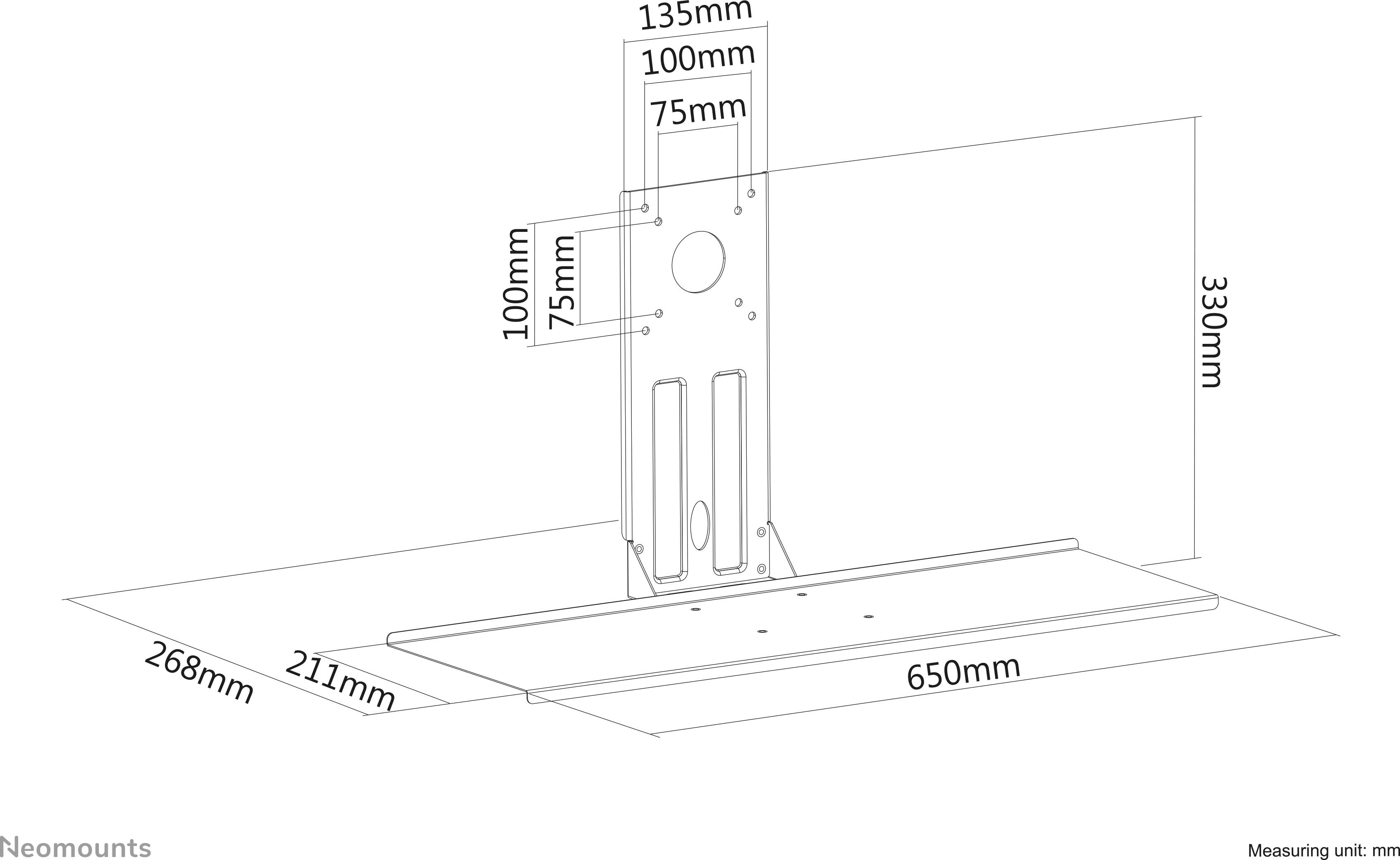 Technische Zeichnung einer Wandhalterung mit Maßen: 330mm hoch, 268mm tief, 650mm breit. Befestigungslöcher und Abstand beschrieben.