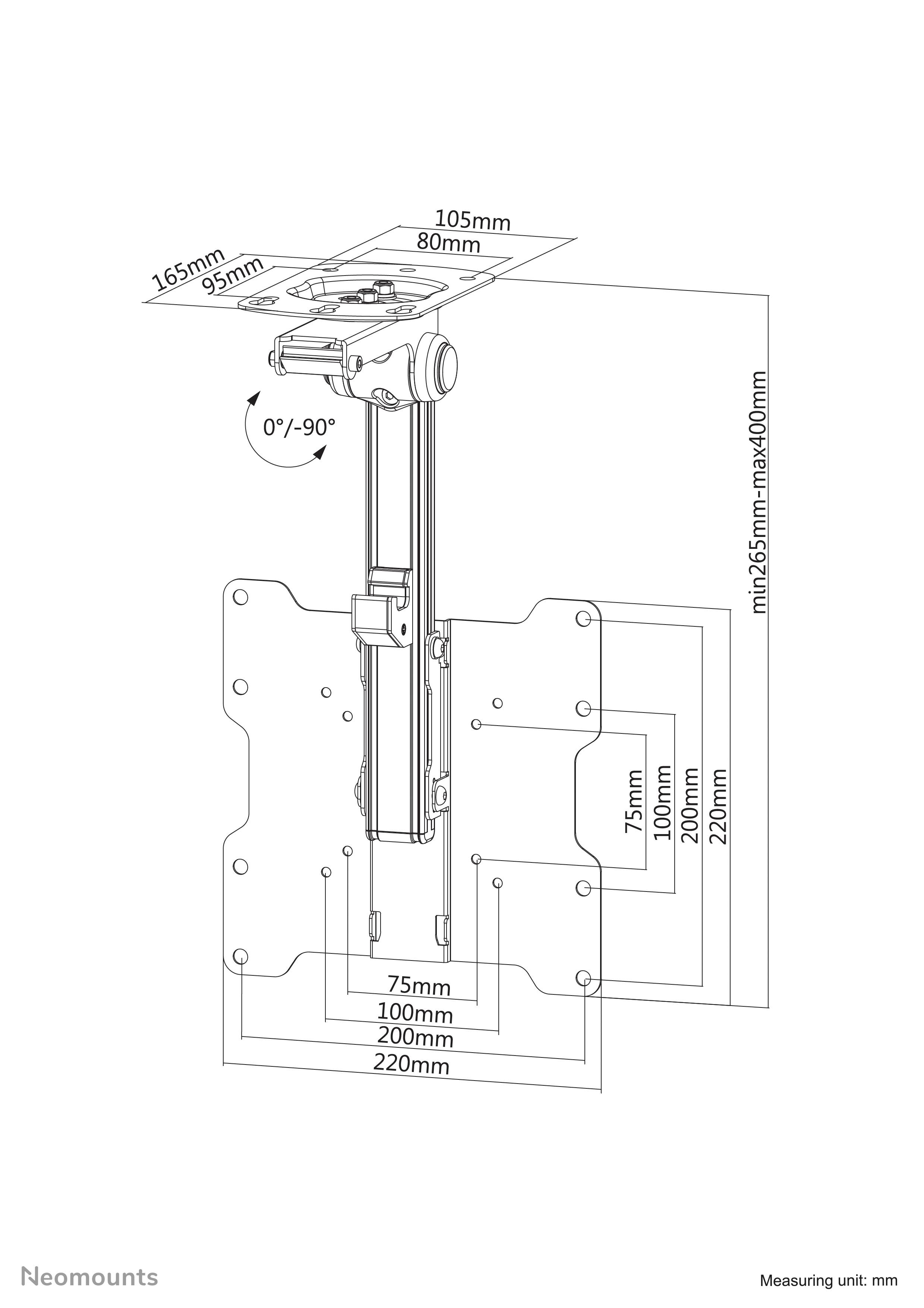 'Illustration einer verstellbaren Halterung mit Maßen in mm. Gezeigt: Neigungswinkel 0°-90°, min. 265 mm bis max. 400 mm Höhe.'