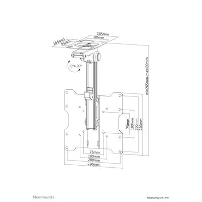'Illustration einer verstellbaren Halterung mit Maßen in mm. Gezeigt: Neigungswinkel 0°-90°, min. 265 mm bis max. 400 mm Höhe.'