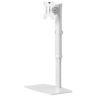 Ein weißer, höhenverstellbarer Monitorständer mit einer rechteckigen Basis und einer Halterung zur Befestigung eines Monitors.