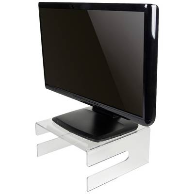 Ein flacher Computermonitor steht auf einem transparenten, minimalistisch gestalteten Monitorständer.