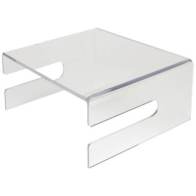 Ein transparenter, rechteckiger Laptopständer aus Acryl mit erhöhtem Rand zur besseren Belüftung und Stabilisierung.