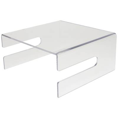 Klarer Acryl-Aufsteller in U-Form, verwendet als Regalerhöhung oder Monitorständer, um Platz zu schaffen und Gegenstände zu ordnen.