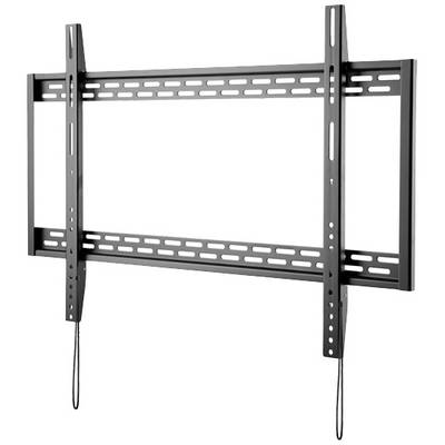 Wandhalterung für Flachbildfernseher, schwarz, mit mehreren Schlitzen zur flexiblen Befestigung und Sicherheitskabeln zur Stabilisierung.
