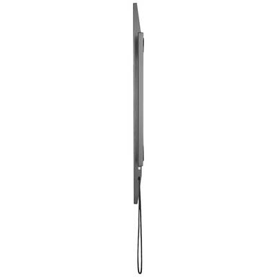 Ein flaches schwarzes Objekt mit einem Griff und einer schlangenartigen Schnur an der Unterseite, möglicherweise ein Telefonhörer in der Seitenansicht.