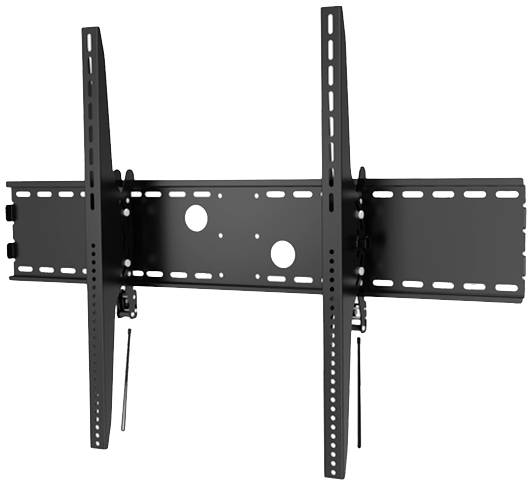Schwarze, verstellbare TV-Wandhalterung aus Metall, geeignet für große Flachbildfernseher. Sie hat mehrere Bohrungen für die Montage.