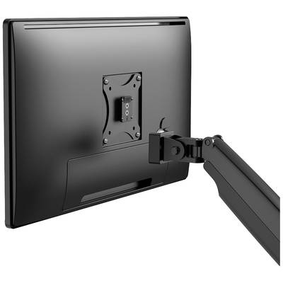 Ein schwarzer Computermonitor von hinten, montiert an einem schwenkbaren Arm.