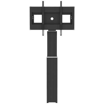 Schwarzes TV-Wandhalterungssystem mit verstellbarer Höhe, geeignet für große Bildschirme, mit stabilem Standfuß und Haken.