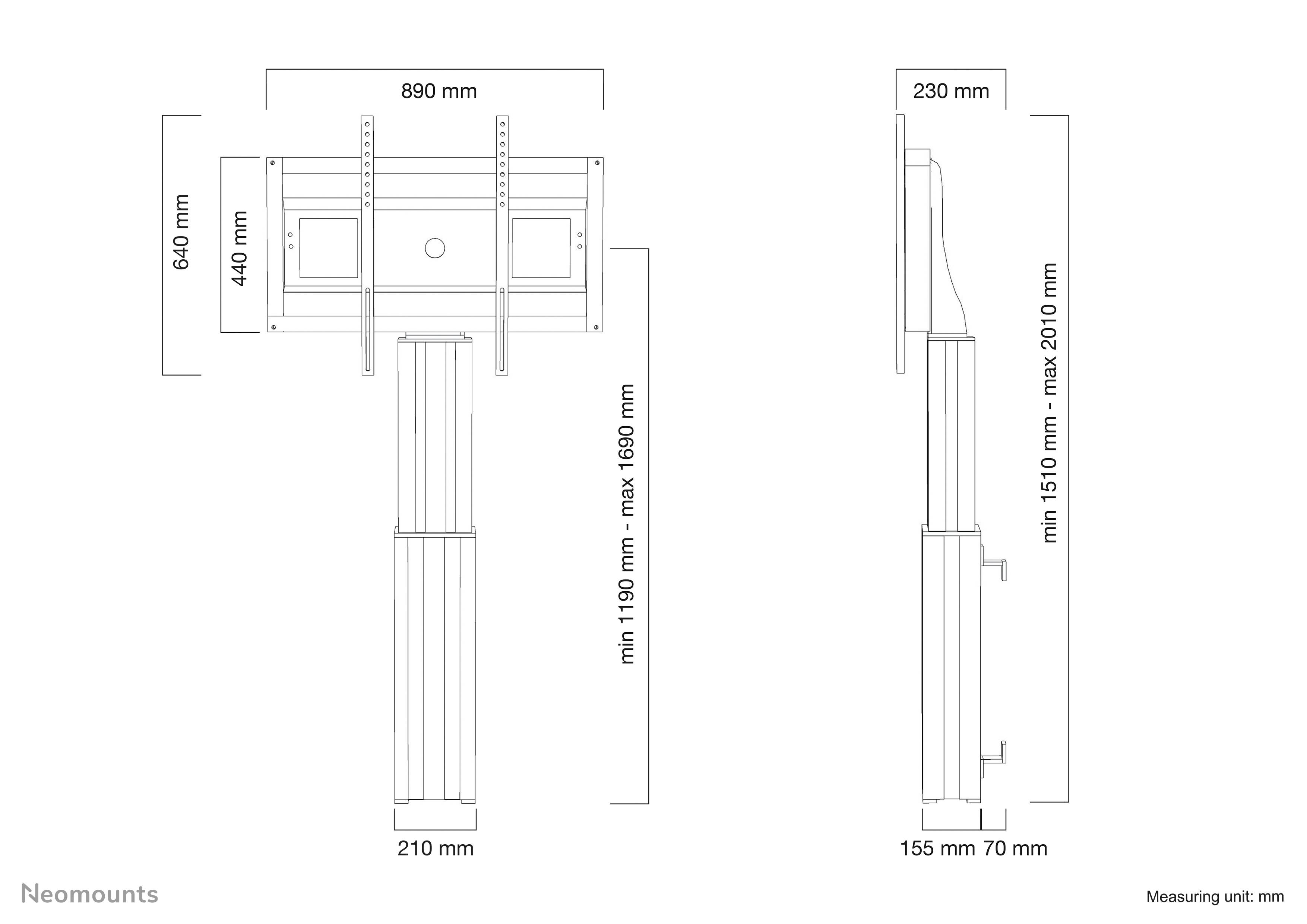 'Diagramm einer TV-Halterung mit Abmessungen: Breite 890 mm, Höhe 640 mm, Tiefe 230 mm, Mindesthöhe 1190 mm, Maximalhöhe 2010 mm.'