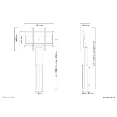 'Diagramm einer TV-Halterung mit Abmessungen: Breite 890 mm, Höhe 640 mm, Tiefe 230 mm, Mindesthöhe 1190 mm, Maximalhöhe 2010 mm.'