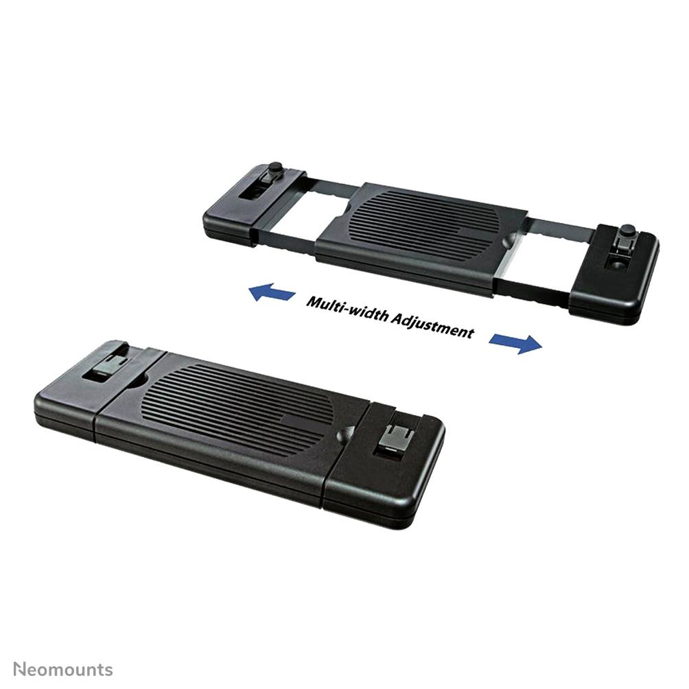 Ein Laptopständer mit ausziehbaren Seitenarmen für Multi-Breiten-Anpassung, illustriert durch blauen Doppelpfeil.