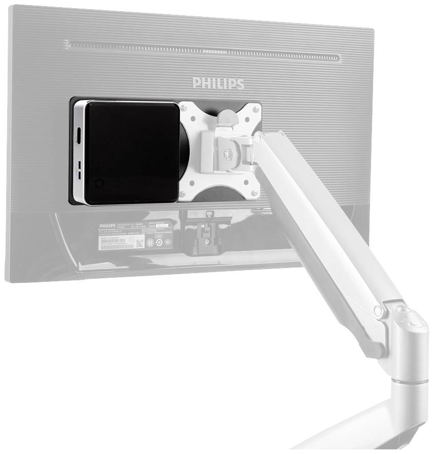 Computermonitor auf einem verstellbaren Arm mit einem kleinen Gerät, das auf der Rückseite montiert ist.