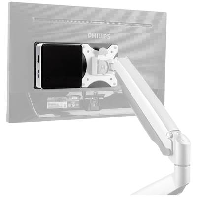 Computermonitor auf einem verstellbaren Arm mit einem kleinen Gerät, das auf der Rückseite montiert ist.