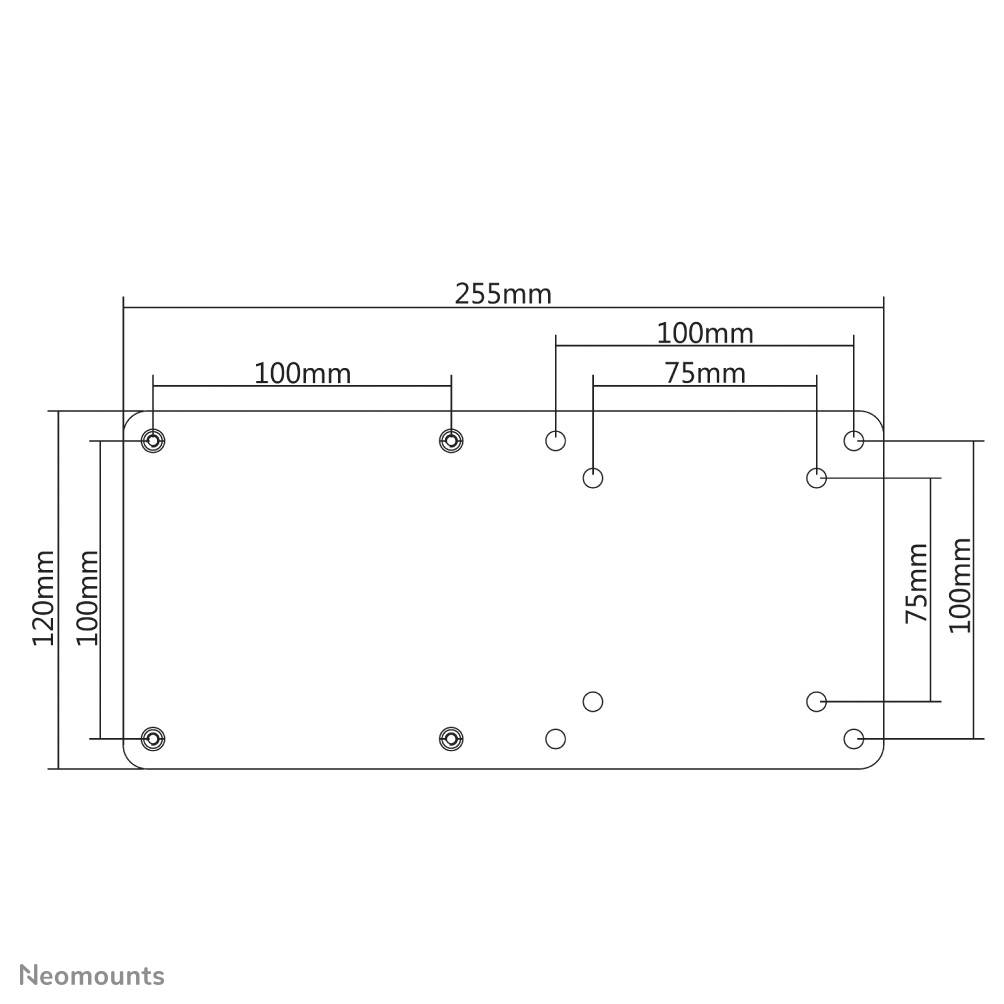 Eine technische Zeichnung zeigt eine rechteckige Platte mit den Maßen 255 mm x 120 mm. Mehrere Bohrungen sind angegeben, teils mit Abständen zu den Kanten markiert.