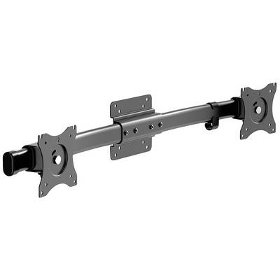 Metallhalterung mit zwei verstellbaren Monitorarmen und VESA-montierten Platten, geeignet für Bildschirmbefestigungen.