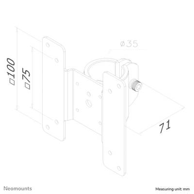 Die Zeichnung zeigt eine Wandhalterung mit Maßen: 100x75 mm Schraubenabstände, 71 mm Tiefe und Ø35 mm Rohr; Maßangabe in mm.