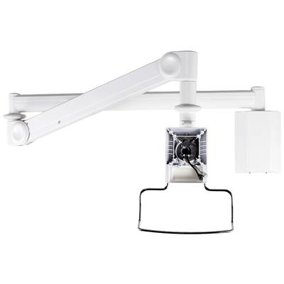 Ein weißer, beweglicher Monitorhalter mit mehreren Gelenken, der an der Wand montiert ist. Geeignet zur flexiblen Positionierung von Bildschirmen.