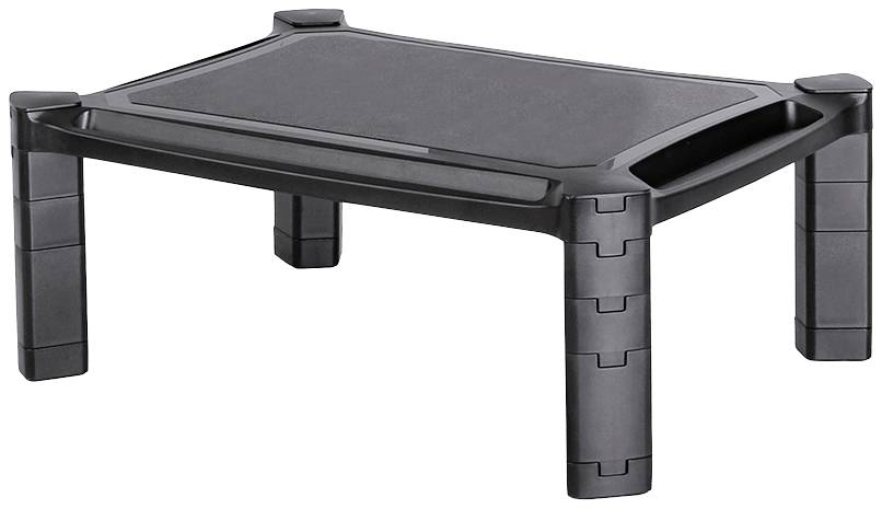 Ein schwarzer Monitorständer mit einstellbarer Höhe, der eine bessere Ergonomie am Arbeitsplatz fördert. Ideal für Monitore oder Laptops.