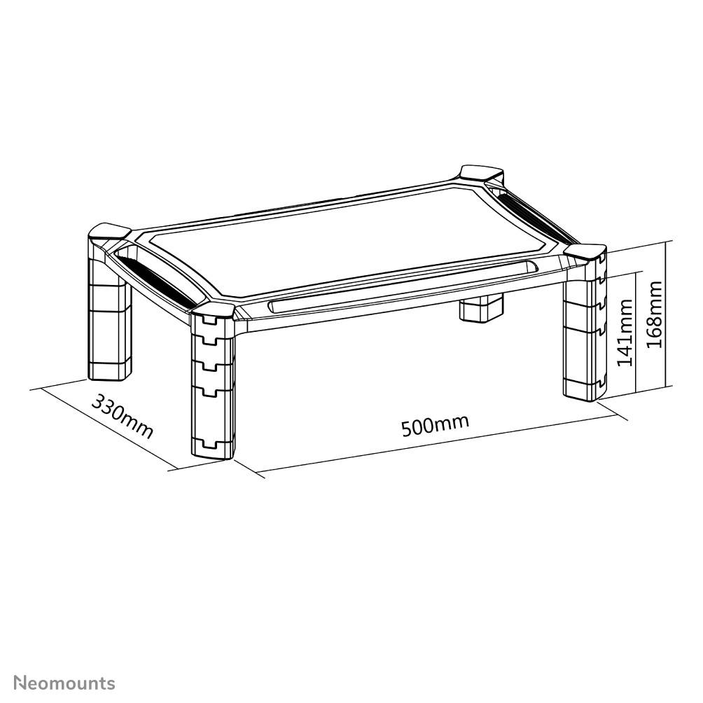 Strichzeichnung eines Monitorständers mit den Maßen: Breite 500 mm, Tiefe 330 mm, Höhe verstellbar 114 mm bis 168 mm.