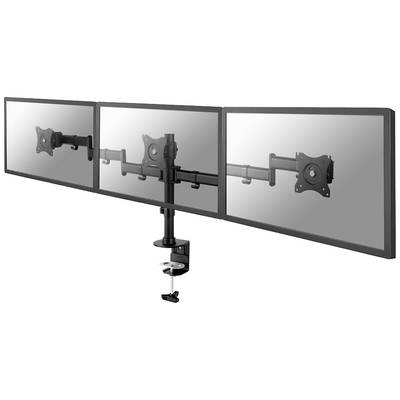 Dreifacher Monitorständer aus Metall, hält drei Flachbildschirme in einer horizontalen Reihe, wird mit Klemme am Tisch befestigt.