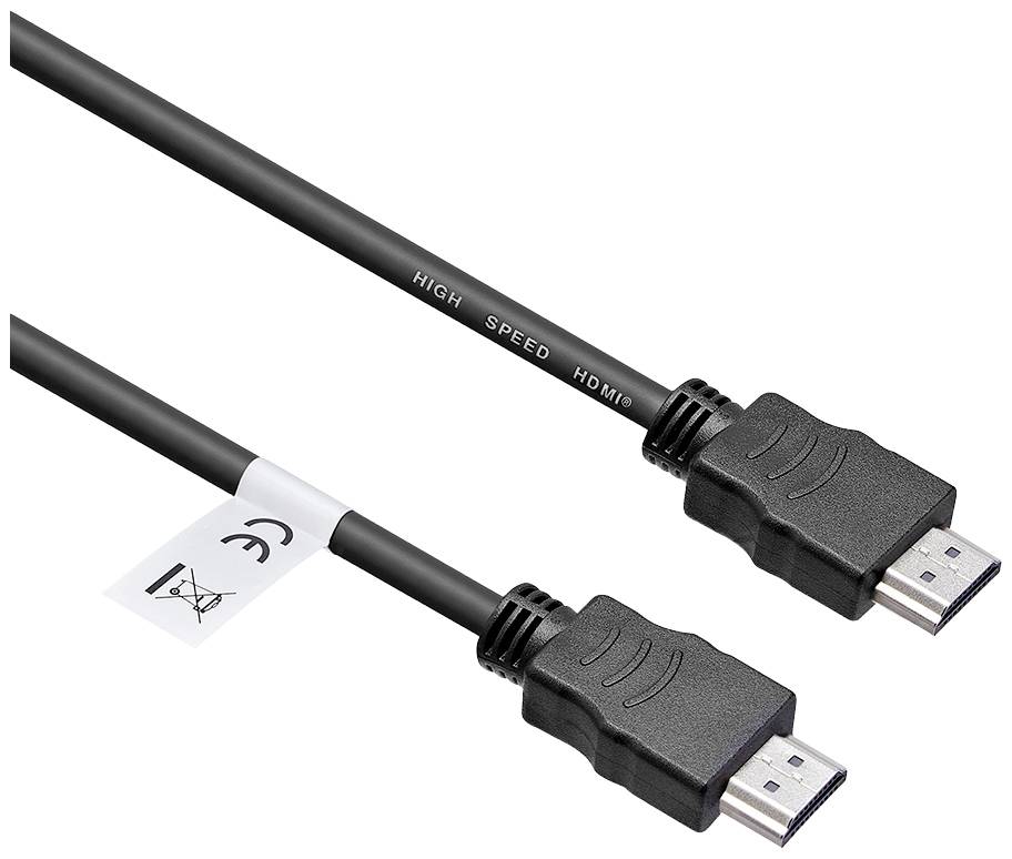 Ein schwarzes High-Speed-HDMI-Kabel mit zwei angeschlossenen HDMI-Steckern. Ein kleines Etikett mit Entsorgungshinweisen hängt am Kabel.