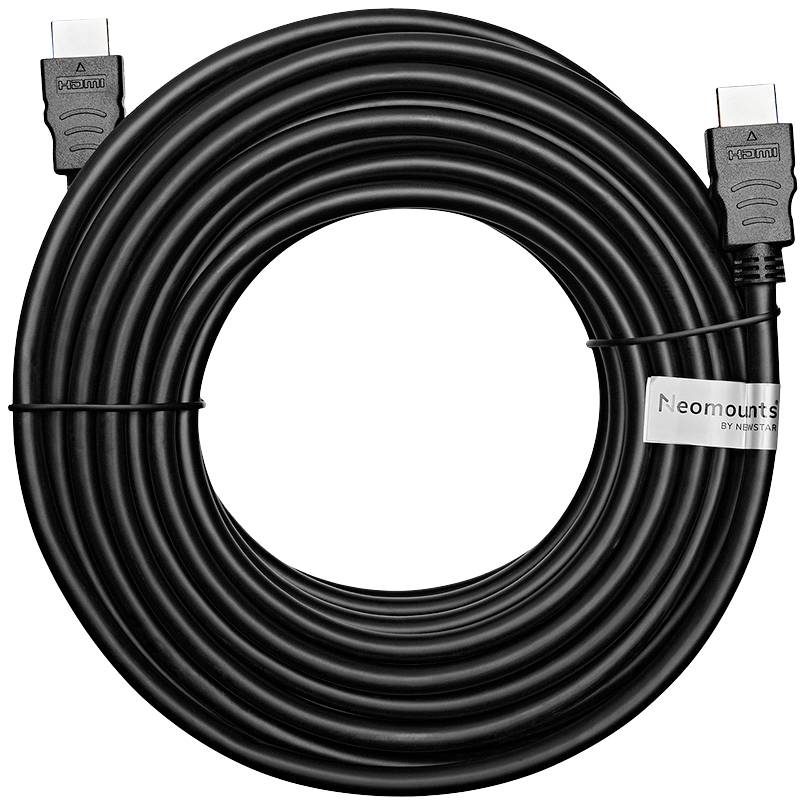 Ein schwarzes HDMI-Kabel, aufgerollt, mit Anschlüssen an beiden Enden. Ein Etikett trägt den Namen 'Neomounts'.