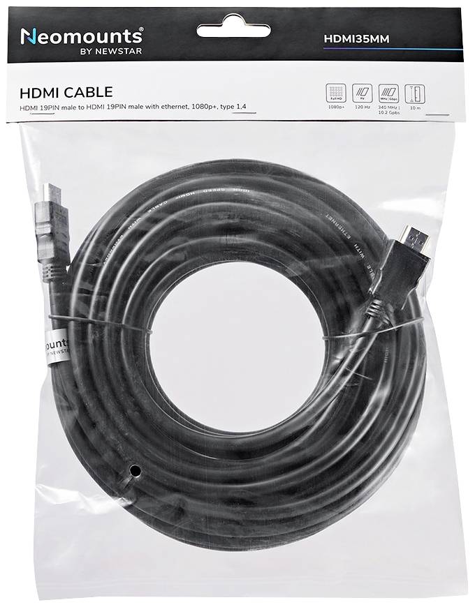 Verpacktes HDMI-Kabel von Neomounts by Newstar, 15 Meter lang, mit Ethernet-Unterstützung. Modell HDMI35MM.