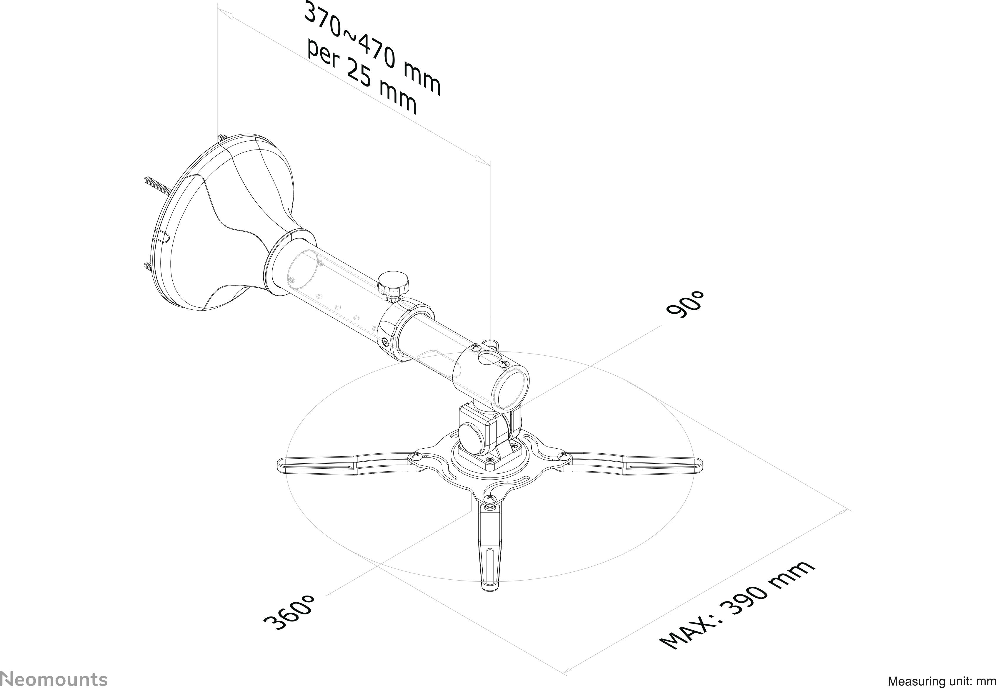 'Diagramm eines verstellbaren Wandarms. Spannung: 370–470 mm. Reichweite max. 390 mm. Klar dargestellte Maße und Winkel.'