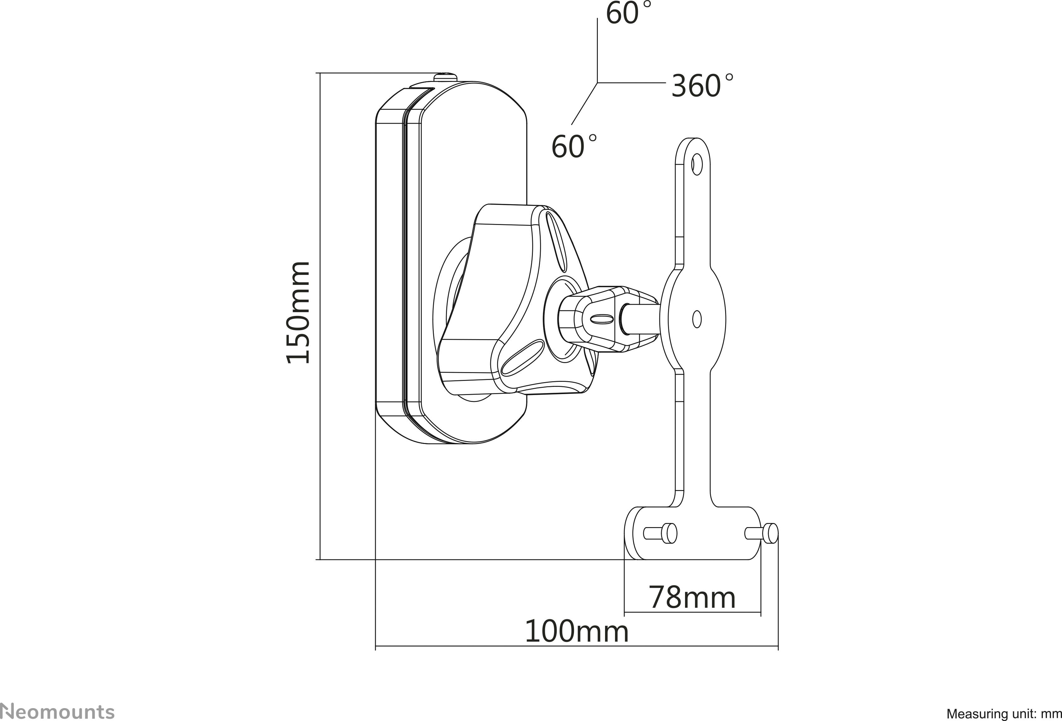 Technische Zeichnung einer Monitorhalterung. Maße: 150 mm Höhe, 100 mm Breite, 78 mm Tiefe. Neigungswinkel: 60°, Drehwinkel: 360°.