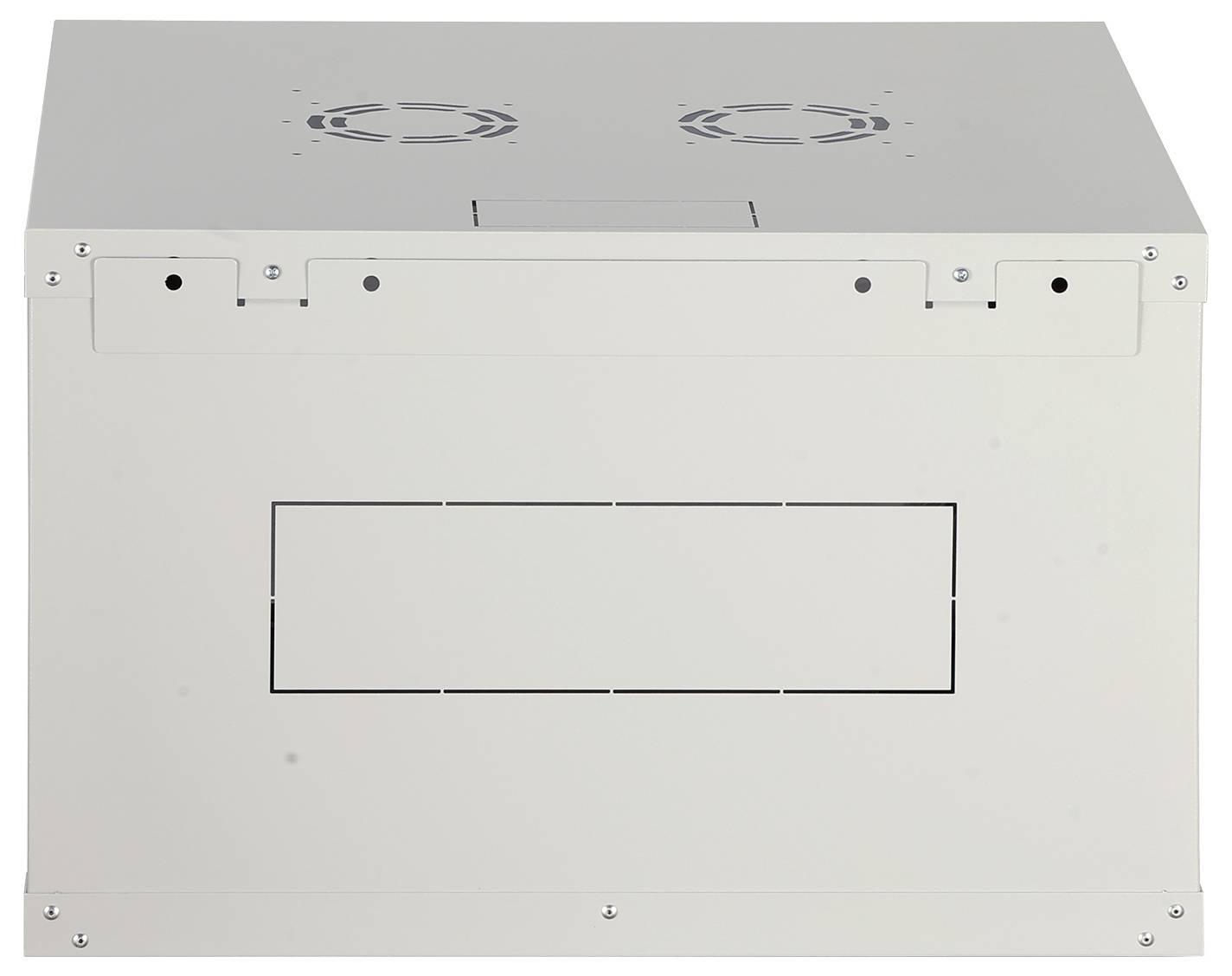 Ein weißes Metallgehäuse mit Durchbrechungen und Aussparungen an Ober- und Seitenflächen, höchstwahrscheinlich für Belüftung und Zugangsmöglichkeiten.