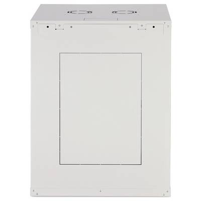Ein Metallgehäuse mit belüfteter Oberseite und einer Frontplatte mit Scharnier, wahrscheinlich zur Unterbringung von elektrischen oder Computergeräten, in einer neutralen Farbe.