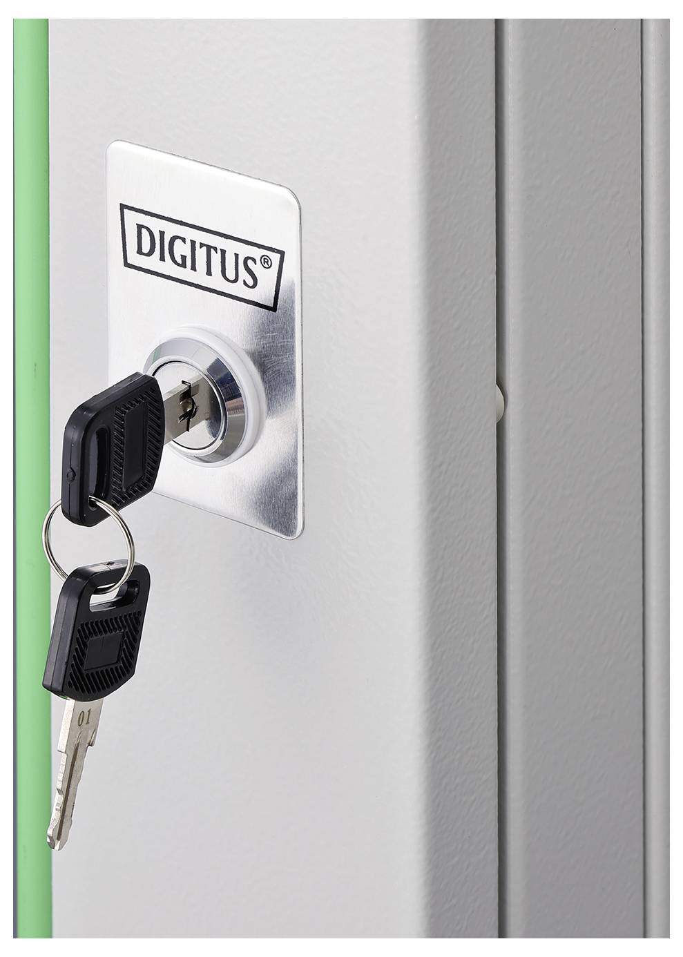 Eine mit der Marke 'Digitus' versehene Schloss mit zwei eingelegten Schlüsseln, seitlich an einem Metallschrank befestigt.