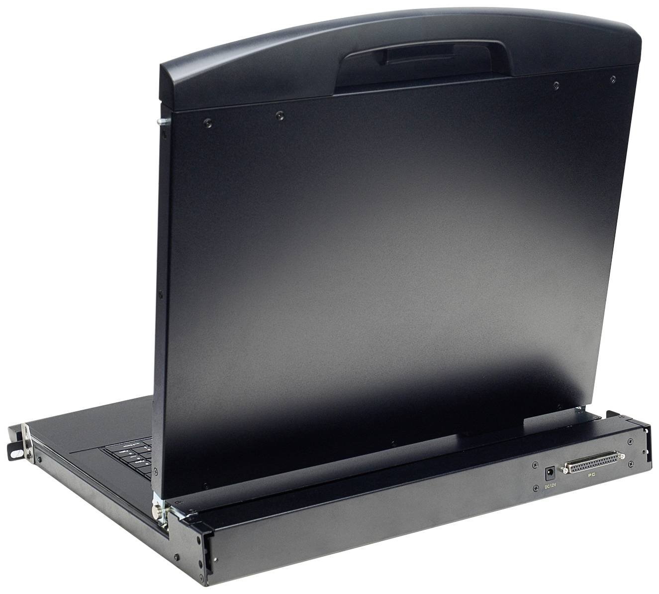 Ein schwarzer Laptop, teilweise geschlossen, auf einem Tisch stehend; die Rückseite des Bildschirms ist sichtbar.