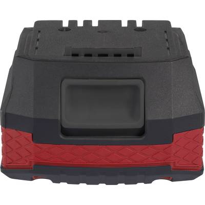 Ein schwarz-roter Akkupack mit rechteckiger Form und strukturiertem Griff.