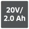 '20V/2.0 Ah' in schwarzem Text auf einem grauen Hintergrund.