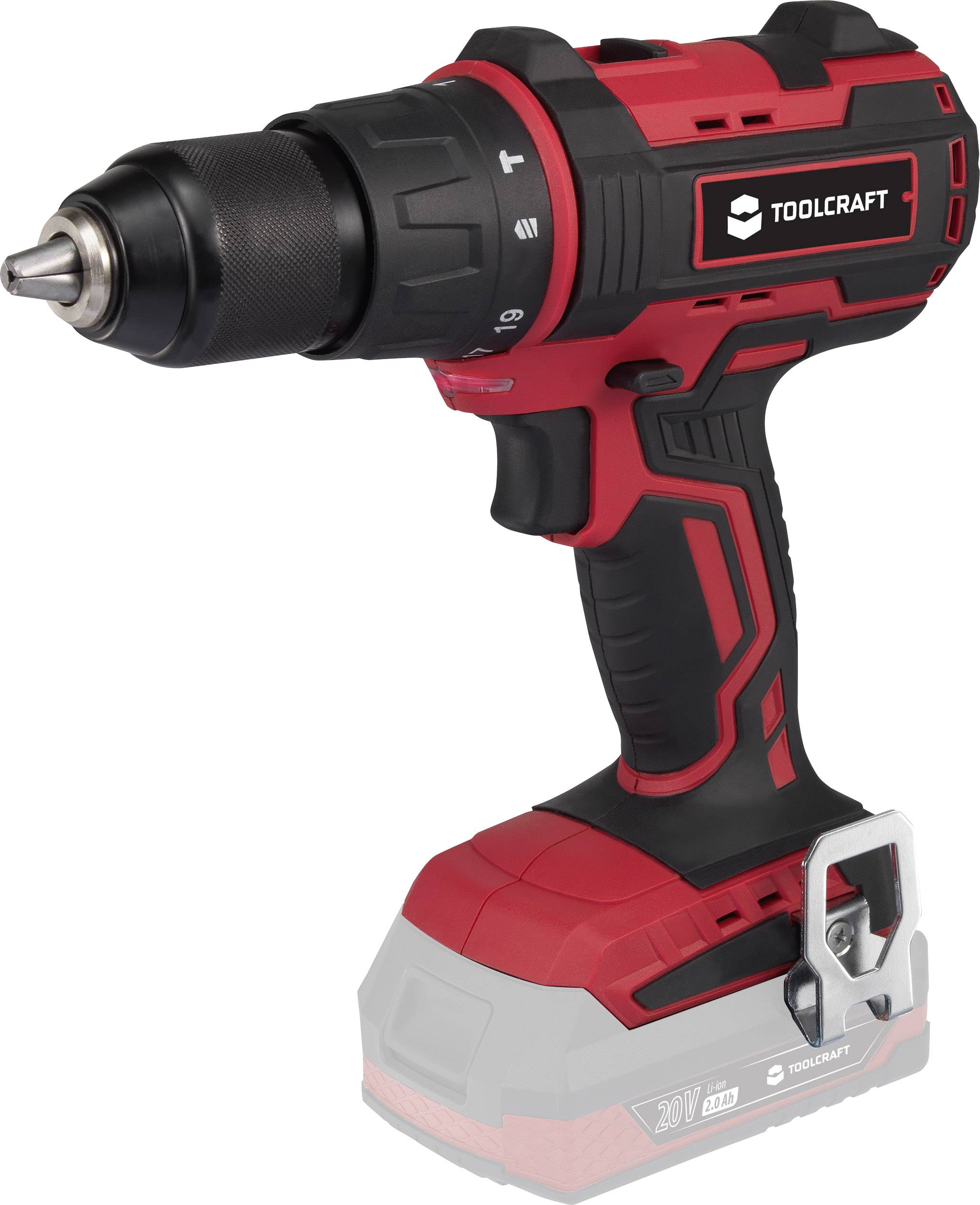 Akkuschrauber in Rot und Schwarz, seitlich abgebildet. Markenlogo 'Toolcraft' ist sichtbar. Gezeigt werden Bohrkopf und Griff.