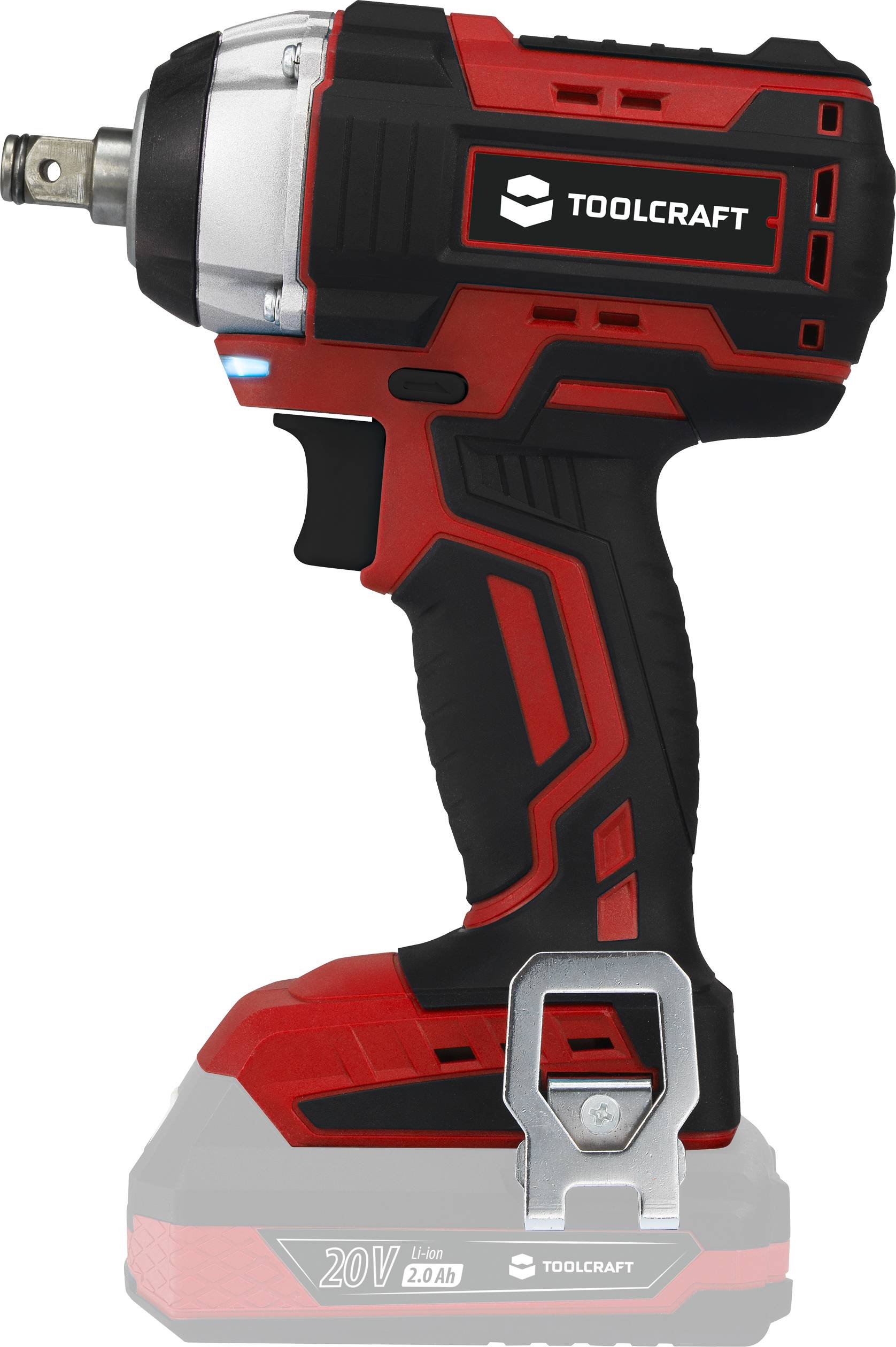 Akkuschlagschrauber mit schwarz-rotem Design, markiert mit 'TOOLCRAFT'. Zeigt den Griff, Auslöser, Batteriefach und Metallhaken.