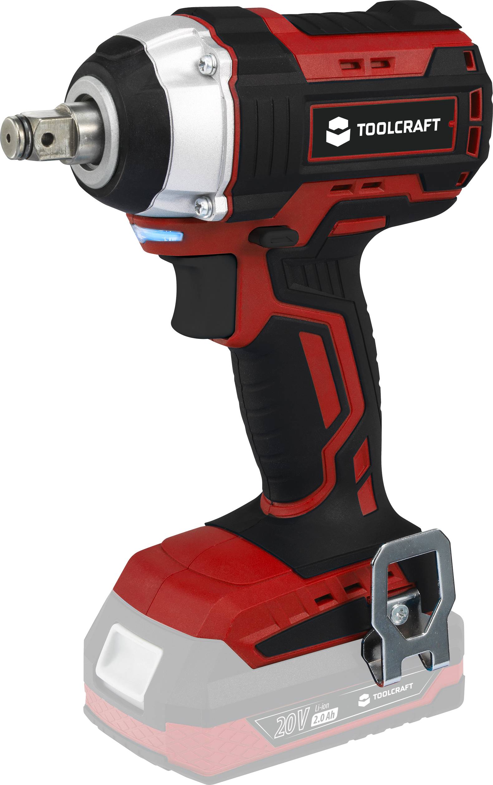 Akkuschlagschrauber in Rot und Schwarz. Geeignet für schwere Arbeiten, mit robustem Griff und einem Schraubaufsatz für vielseitigen Einsatz.