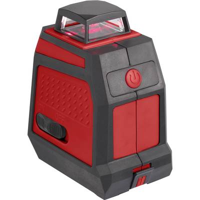 Rotes und schwarzes Lasermessgerät mit Ein/Aus-Schalter und rotem Licht oben, geeignet für präzise Bau- und Renovierungsarbeiten.