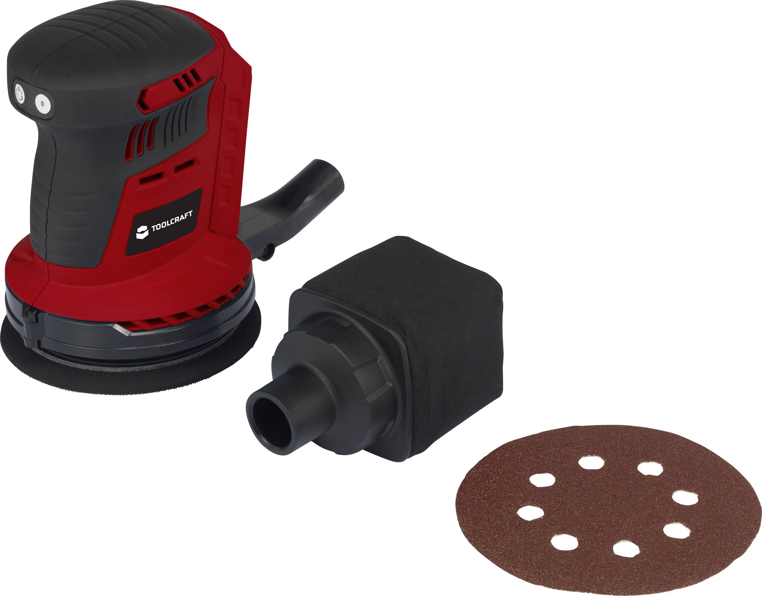 Eine rote Exzenterschleifmaschine mit schwarzem Griff, daneben ein Staubauffangbehälter und ein Schleifpapier mit Löchern.