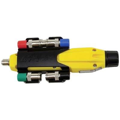 Ein bunter Adapter mit mehreren Anschlüssen und einem gelben Griff, benutzt zur Verbindung verschiedener Kabeltypen.
